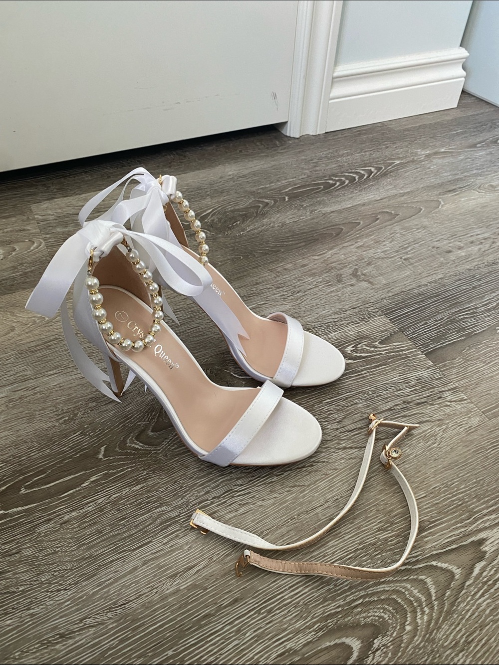 Pearl Ankle-Tie Bridal Satin Heels in White, includes spare ankle straps
